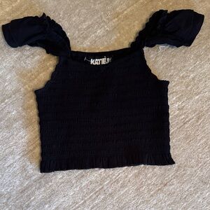Katie J NYC Black Smocked Puff Sleeve Crop Top